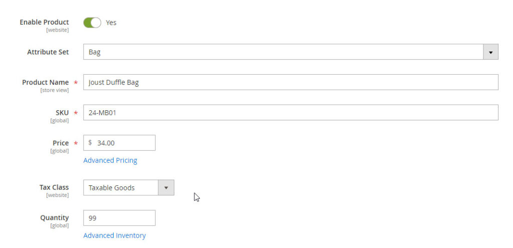 Magento product edit screen showing Tax Class field