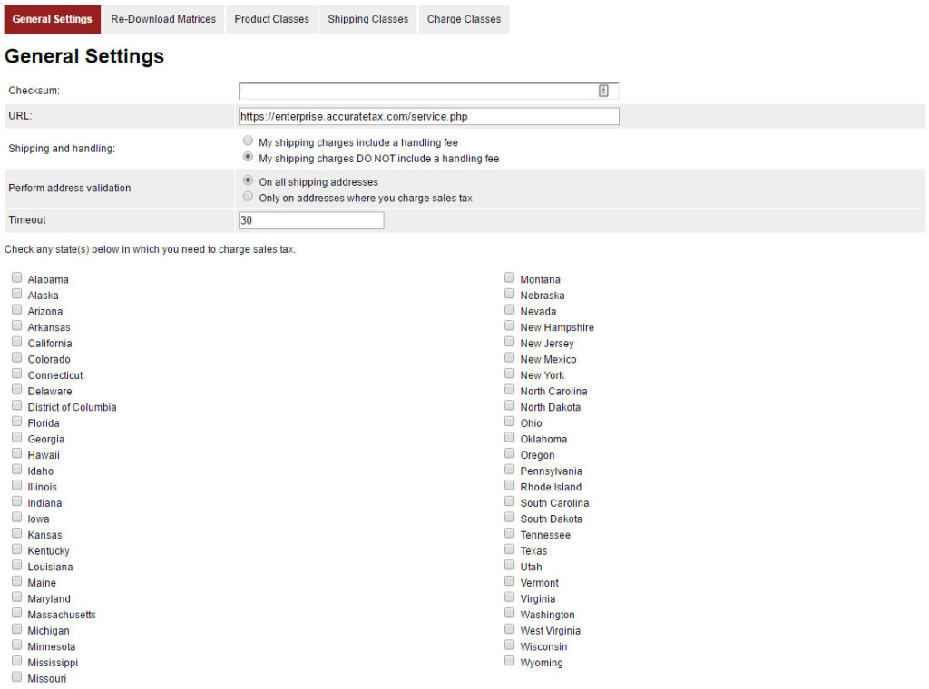 AccurateTax for Miva Merchant Screenshot - Main Setup Screen