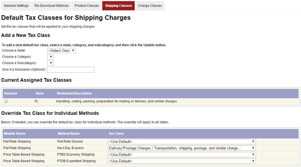 AccurateTax for Miva Merchant Screenshot - Default Shipping Classes