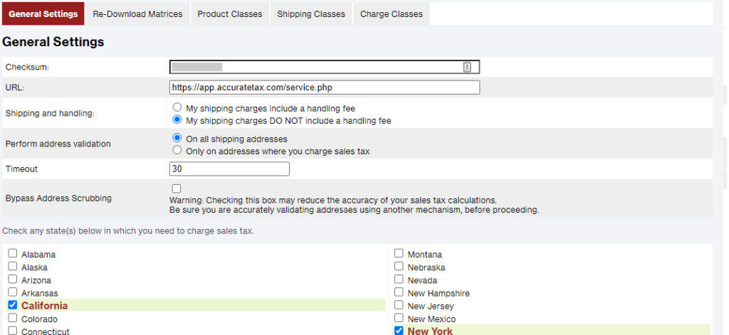 AccurateTax for Miva Merchant Screenshot - General Settings