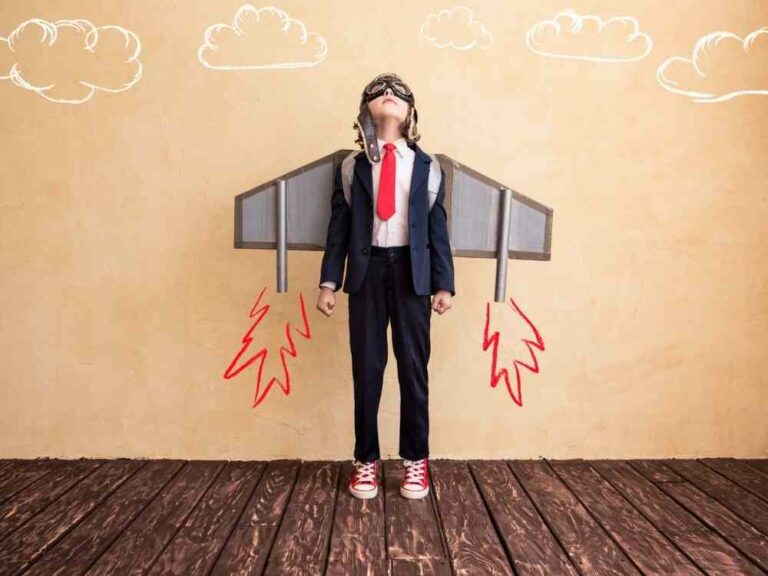 Boy wearing a homemade rocket costume