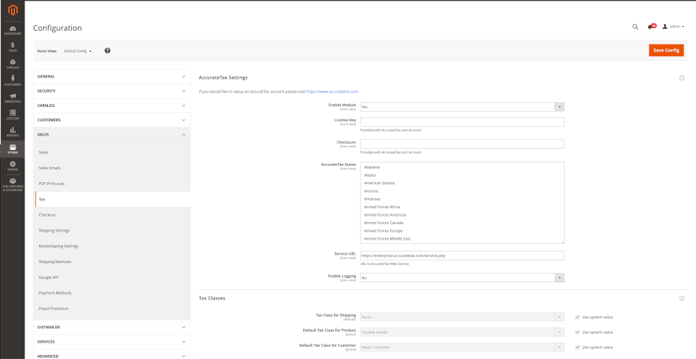 AccurateTax Sales Tax for Magento Screenshot - Setup Screen