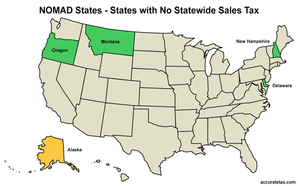 Color-coded Map Showing NOMAD States - States with No Statewide Sales Tax